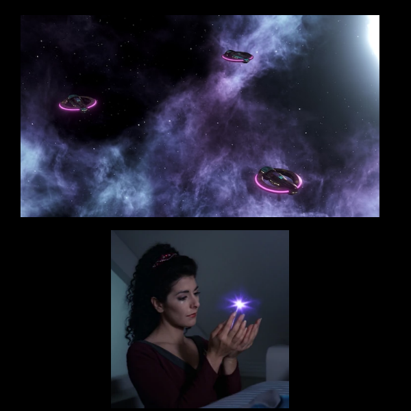 Cette image est divisée en deux parties. En haut, trois vaisseaux spatiaux de forme ovale avec des anneaux lumineux violets autour d’eux et qui flottent dans l'espace au milieu de nébuleuses violettes et bleues, face à une étoile brillante en arrière-plan. En bas, une femme aux cheveux noirs bouclés, vêtue d'une robe violette, est assise et tient dans ses mains un petit objet lumineux en forme d'étoile violette qui scintille. Son expression est concentrée et paisible, illustrant une connexion mentale ou émotionnelle, typique des pouvoirs télépathiques des Bétazoïdes dans Star Trek.