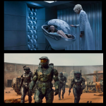 Cette image est divisée en deux parties. En haut, une femme aux cheveux blancs et vêtue d’une robe blanche touche doucement une capsule futuriste ouverte, dans laquelle repose une figure humanoïde nue au crâne rasé. L’environnement est clinique, métallique et high-tech. . En bas, un groupe de soldats en armure de combat avancée marche dans une zone désertique encerclée de murs en bois. Le soldat au centre, plus imposant, porte une visière dorée et semble diriger l’escouade. L’ensemble évoque l’univers de science-fiction militaire de la série Halo.