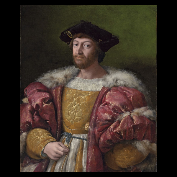 Portrait d’un homme de la Renaissance vêtu d’un manteau richement décoré en velours rouge orné de fourrure, sur une tunique jaune brodée. Il porte un béret noir sur la tête, a une barbe courte et regarde calmement le spectateur. Le fond est uni, de couleur vert foncé, mettant en valeur la noblesse et la richesse du personnage, probablement un membre de la famille Médicis.
