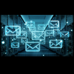 Illustration numérique d’un centre de données futuriste, avec des rangées de serveurs informatiques de chaque côté. Des icônes d’enveloppes lumineuses flottent dans les airs, symbolisant l’envoi massif d’e-mails ou la gestion de courriers électroniques dans un environnement numérique sécurisé. L’ambiance générale est high-tech, bleutée et dynamique.