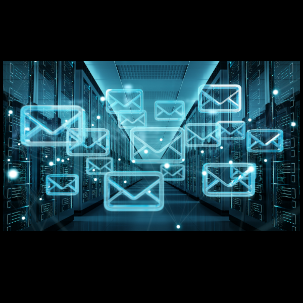 Illustration numérique d’un centre de données futuriste, avec des rangées de serveurs informatiques de chaque côté. Des icônes d’enveloppes lumineuses flottent dans les airs, symbolisant l’envoi massif d’e-mails ou la gestion de courriers électroniques dans un environnement numérique sécurisé. L’ambiance générale est high-tech, bleutée et dynamique.