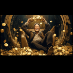 Un homme souriant assis au sol à l’intérieur d’un immense coffre-fort rempli de pièces d’or. Il tient plusieurs pièces au-dessus de sa tête, les bras levés avec enthousiasme, tandis que d’autres pièces tombent autour de lui. Son expression joyeuse et la quantité impressionnante d’or évoquent la richesse extrême et la réussite financière.