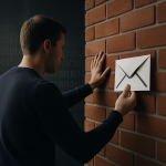 Un homme en pull sombre fait face à un mur de briques rouges et tente de coller ou récupérer une enveloppe stylisée affichant un grand pictogramme d’e-mail. L’image évoque une métaphore visuelle d’un message bloqué ou filtré, possiblement par un pare-feu numérique, avec un fond sombre rempli de chiffres binaires en arrière-plan.