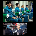 Cette image est divisée en deux parties tirées de la série Real Humans. En haut, quatre androïdes humanoïdes vêtus de combinaisons bleues sont assis en ligne, immobiles, dans un centre de service. Leurs visages sont inexpressifs, et des câbles blancs sont connectés à leurs bras, les rechargeant comme des machines. En bas, une scène de rue avec un homme au visage masqué par une cagoule bleue et une femme blonde aux cheveux lâchés. Tous deux portent des vêtements sombres et se tiennent devant un véhicule noir, dans une atmosphère tendue et réaliste.