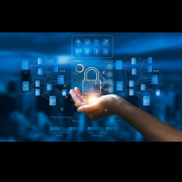 Une main tendue vers le haut au centre de l'image, comme si elle portait une interface numérique flottante. Un cadenas lumineux symbolisant la cybersécurité est affiché au-dessus de la paume, entouré de multiples icônes transparentes représentant des serveurs, des réseaux, des bases de données et des connexions virtuelles. L’arrière-plan flou montre une ville moderne de nuit, accentuant le contraste technologique. En bas, une frise chronologique avec les mots 'Project Timeline', 'Research', 'Design' et 'Develop' souligne une démarche structurée en innovation numérique.