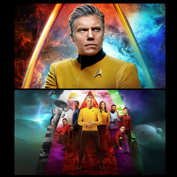 Affiche promotionnelle de la série Star Trek: Strange New Worlds. En haut, un homme aux cheveux gris en uniforme jaune de Starfleet regarde vers la droite, sur fond de nébuleuses orange et bleues. En bas, l’équipage principal se tient en formation sur un décor galactique avec planètes, vaisseaux spatiaux et faisceaux colorés en arrière-plan, chacun portant un uniforme de couleur distincte selon son rôle à bord.